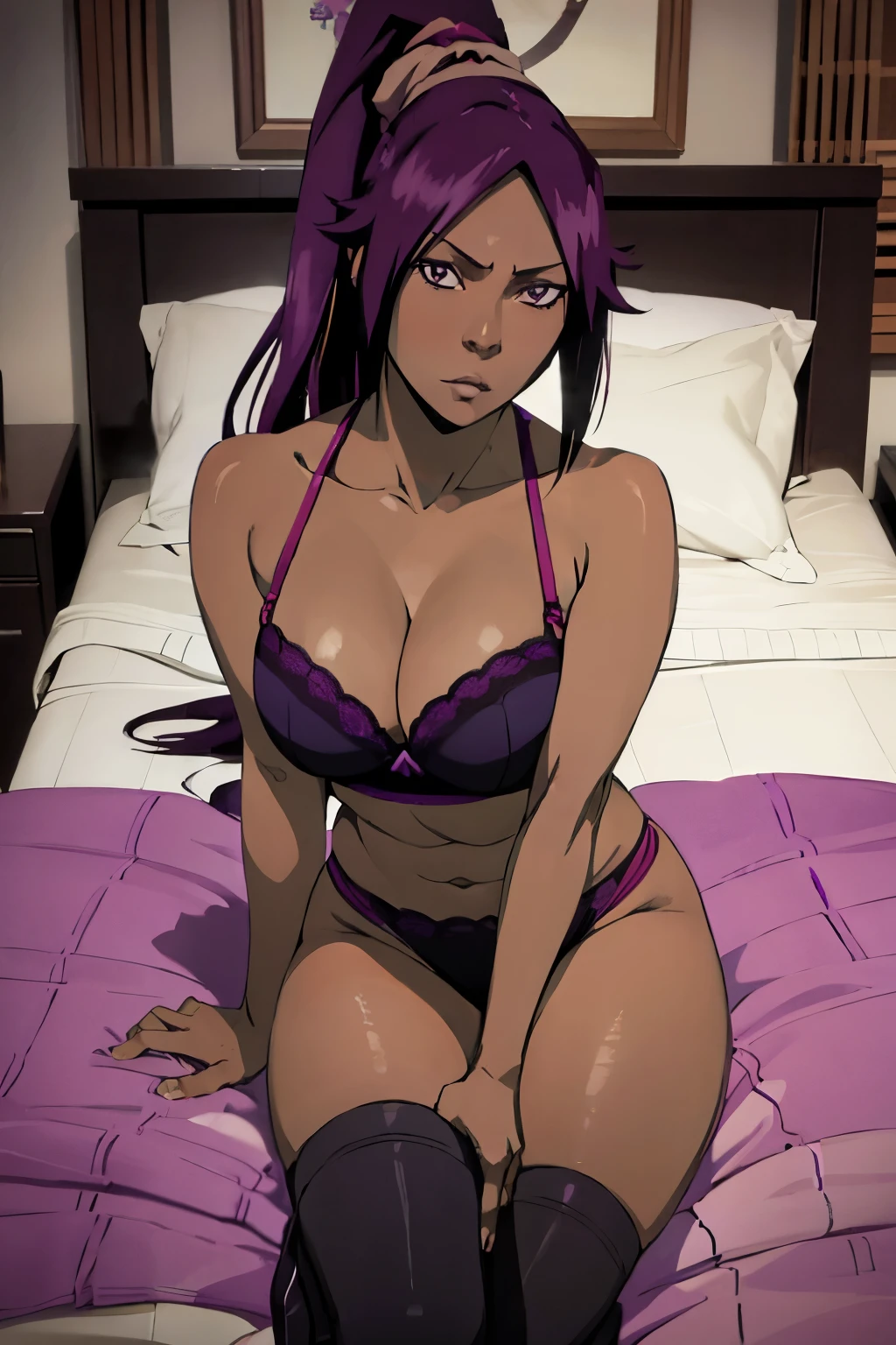 1 woman, yoruichi shihouin, dark skinned, long dark purple hair, ponytail, nsfw, bedroom, lingerie, bra, sexy, sensual, on bed, zoom out, full body in view, black stockings, detailed face,