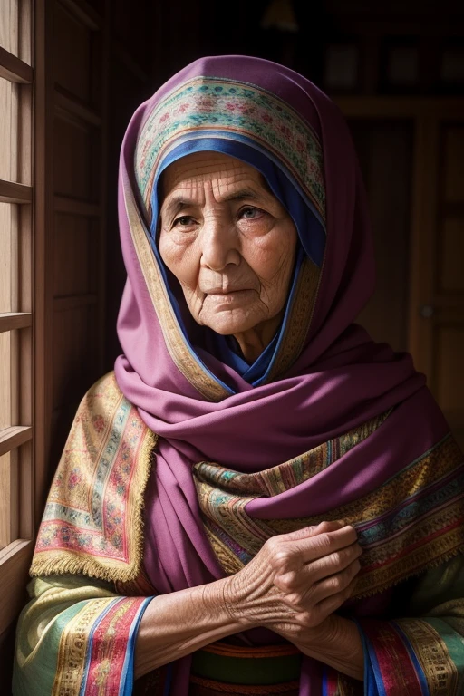 A venerable Tajik elderly grandmother exhibits wisdom and grace with her sturdy build, adorned with a traditional shawl draped over her shoulders. A strong yet gentle face framed by silvered hair, often worn long and parted in the middle. Her eyes, deep-set and kind, radiate warmth and have a soft, wrinkled texture. Her skin is leathery but glows with the memories of a lifetime lived. Clothing her is a modest yet colorful ensemble reflecting her culture and tradition. In her quiet, dimly lit home, she exudes a sense of serenity, her spirit as radiant as the vibrant patterns in her clothing.