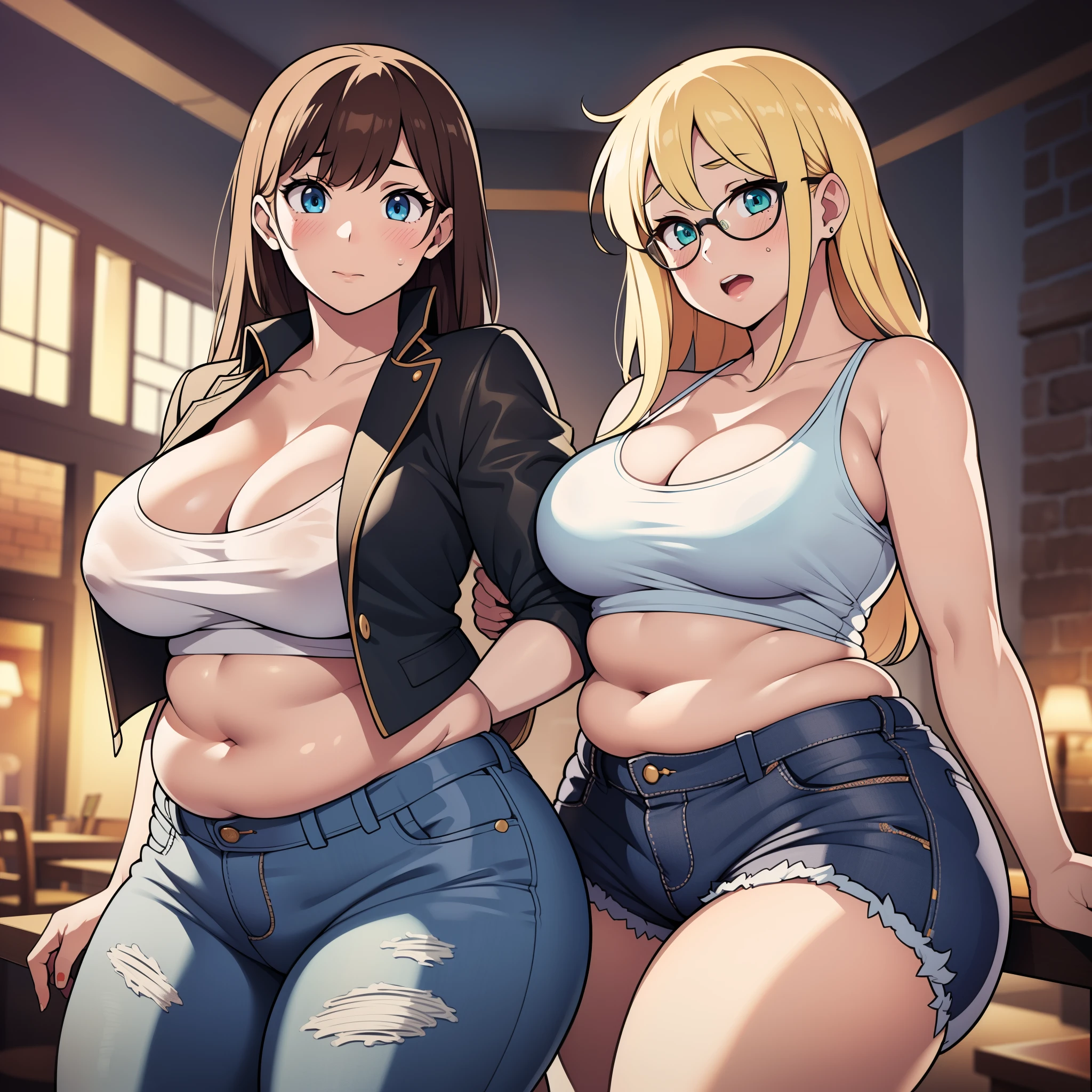 ((highres)), Masterpiece, high quality, best quality, beautiful, perfect lighting, detailed face, ultra cute face, ((2girls)), (blush), one girl has blonde hair, blue eyes, crop top and shorts, one girl has brown hair, green eyes, jeans, white shirt, fast food restaurant, cleavage, medium breasts, ((wide hips)), (thick thighs), ((plump), chubby belly, (belly grab), fat folds, standing next to each other,