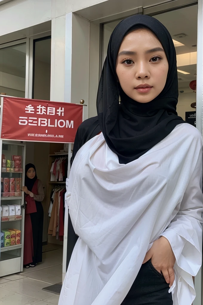 Indonesian-chinese woman wearing hijab, realism skin, beautiful, realistic, standing in front banner of Ceully Store