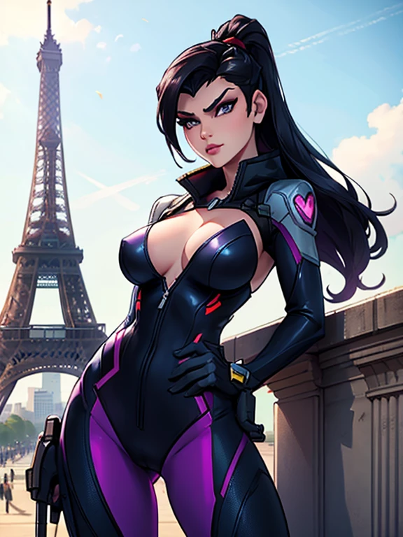 widowmaker from overwatch , posing on eiffel tower , fighting again st soldiers