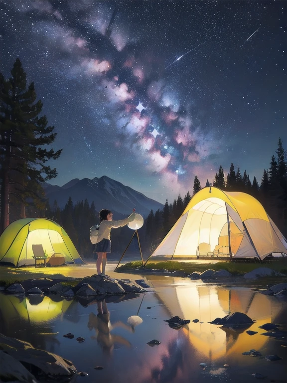 obra maestra, mejor calidad, ultra-detalleed, ILLUSTRATION, 1 chica, solo, al aire libre, camping, noche, mountains, Naturaleza, estrellas, luna, Hoguera, carpa, colas de caballo gemelas, ojos verdes, alegre, feliz, mochila, bolsa de dormir, camping stove, botella de agua, Mountain boots, guantes, Sweater, tiene, flashluz, bosque, rocas, river, madera, fumar, sombras, contrast, cielo limpio, constelaciones, Milky Way, peaceful, sereno, Tranquilo, tranquil, Remoto, aislado, aventurero, Exploration, escapar, independencia, supervivencia, inventiva, Challenge, perserverancia, stamina, resistencia, observation, Intuition, adaptabilidad, creatividad, imagination, arte, inspiration, belleza, Temor, preguntarse, gratitud, appreciation, relaxation, disfrute, rejuvenecimiento, Consciencia, conciencia, connectedness, harmony, balance, textura, detalle, realism, profundidad, Perspectiva, composition, color, luz, sombra, reflection, refraction, tono, contrast, primer plano, middle ground, Fondo, naturalista, figurativo, figurativo, impresionista, expresionista, abstracto, innovador, experimental, single