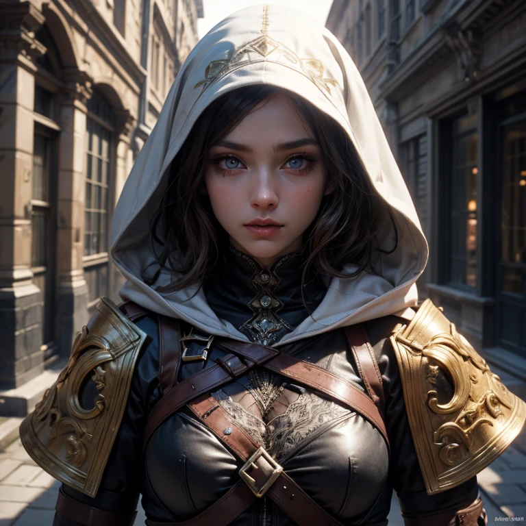 A full-body shot of Princess Zelda, brown hair, blue eyes, dressed as an Assassin from Assassins Creed, in white+gold witha white mask and hood with gold details, XL bust, using a wrist blade. Background: A city during the renaissance period. Unreal Engine 5, Anime, Anime style, Masterpiece, Well drawn eyes, well drawn face, well detailed eyes, well detailed face, 8k, light and shadow effect.