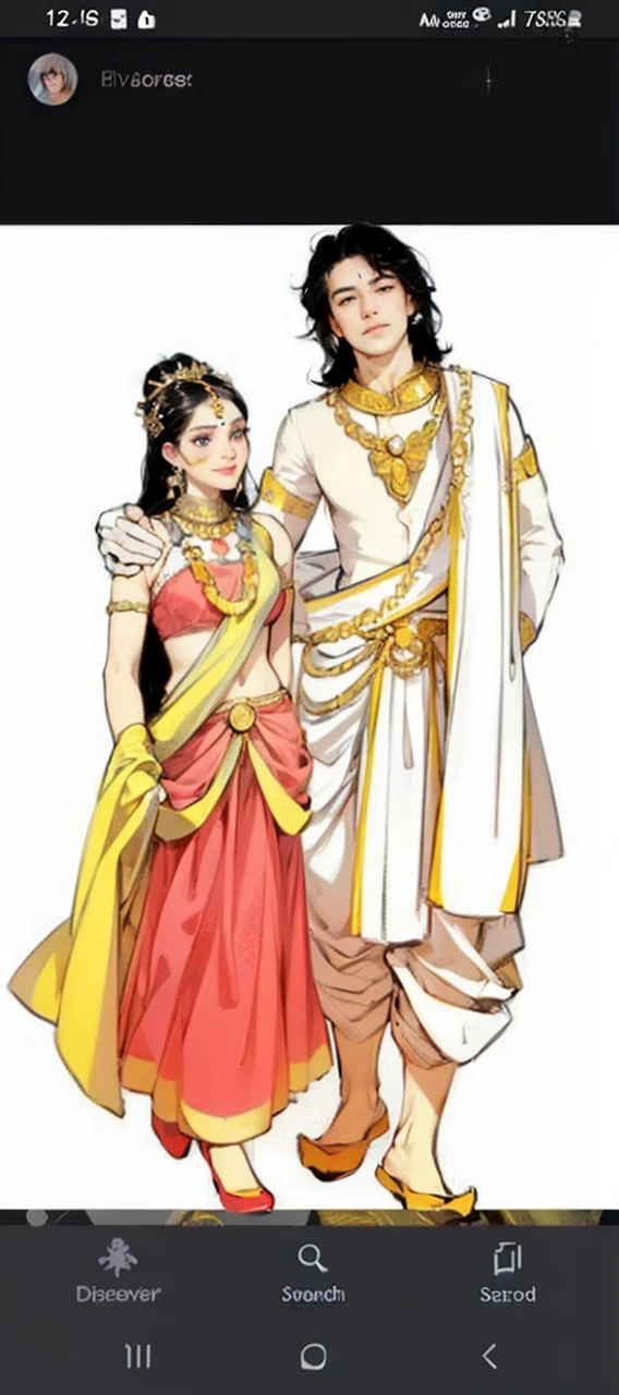 (absurderes, A high resolution, Ultra detailed, hdr), Masterpiece, Best quality, Portrait of a couple, Handsome man beautiful women, Detailed face, wide eyes, ((large eyes)), ((light smile)), Professional photo, upper body, [ well-defined body], f/2.8, masterpiece, best quality, highres, 16k, UHD Subhadra Arjun 