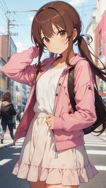 Nishizumi maho,Pink jacket,Pink Skirt,Brown Hair,Brown Eyes,Happy expression,whole body,Upright posture,