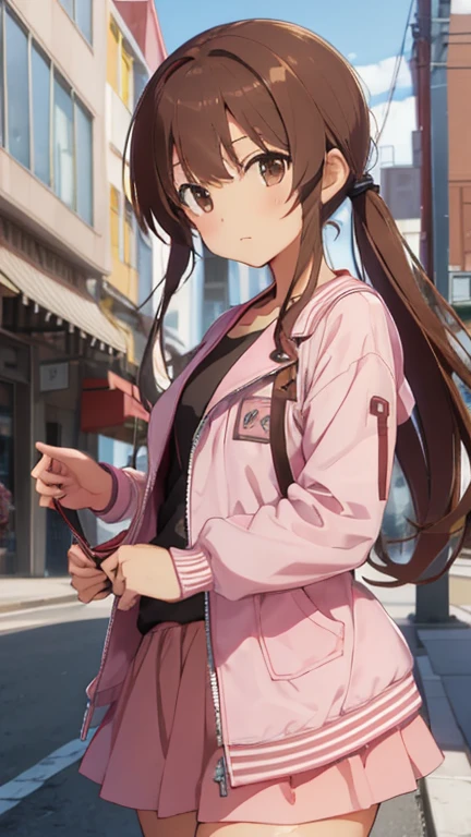 Nishizumi maho,Pink jacket,Pink Skirt,Brown Hair,Brown Eyes,Happy expression,whole body,Upright posture,