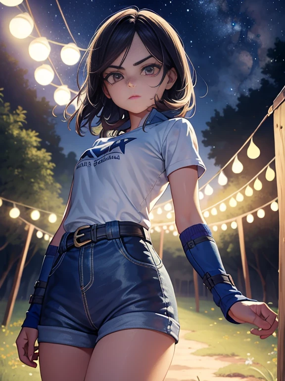 cabello corto, by the chestnut, ojos amarillos brillantes, labios perfectos,mirada alerta ,  Postura lista, cute expression, cara linda, walking in the campo de campamento, guantes sin dedos, pistola, Camiseta sin mangas, chaqueta, Postura de alerta, Cara ultra detallada, long eyelashes, ojos afilados , tiro de cuerpo completo, dynamic display, Cielo nocturno , dynamic point of view, diferentes puntos de vista, campo de campamento, Hoguera 