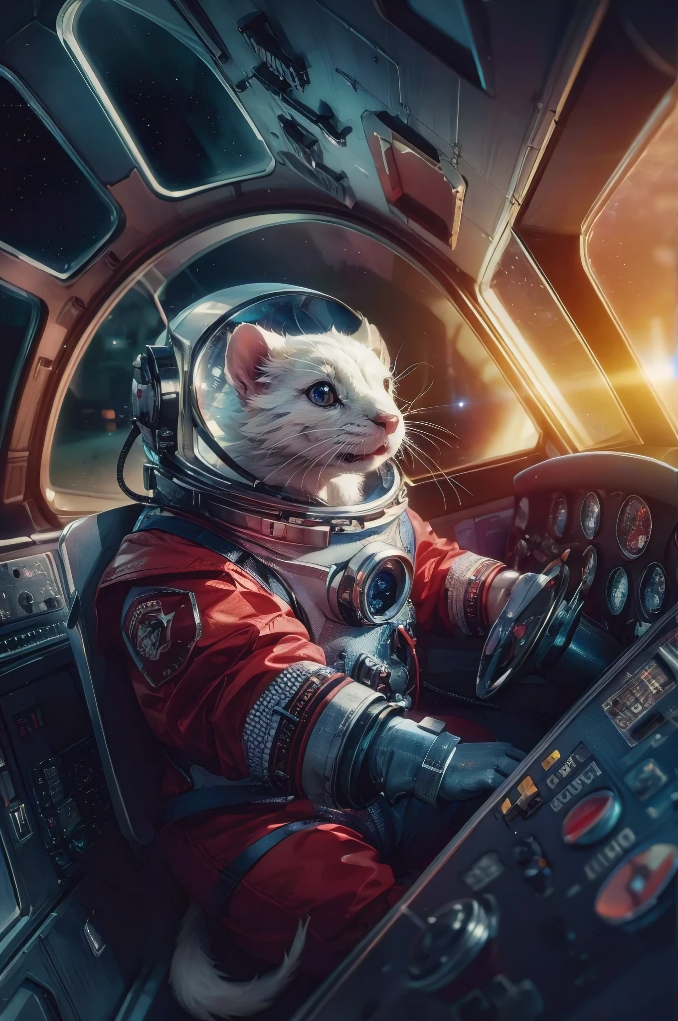 A strikingly realistic and cinematic 3D rendering of a white ferret donning a vintage Soviet Union space suit. The ferret is skillfully piloting a 1970s Soviet space shuttle, with intricate and shiny details. The cockpit is filled with an array of retro dials and buttons, and the overall atmosphere is futuristic yet nostalgic. The background showcases a vast, star-filled cosmos. The image is rendered with cutting-edge technology, featuring depth of field, ray tracing, and ultra-high definition, offering an immersive and captivating experience., 3d render