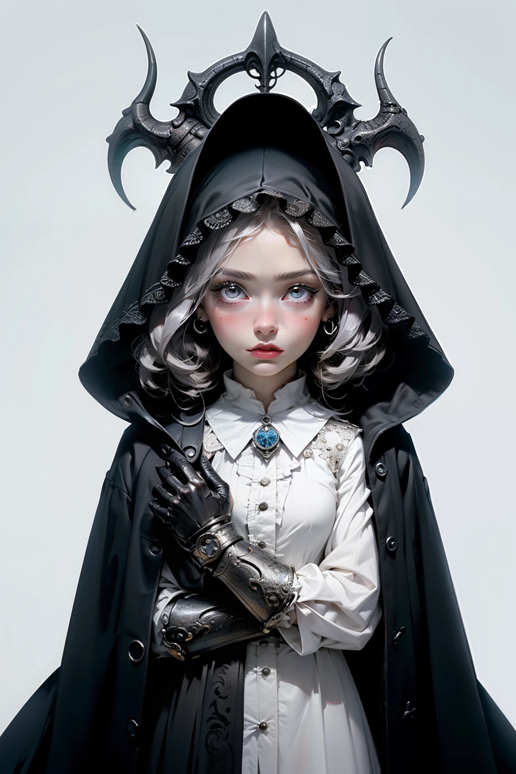 ((best quality)), ((masterpiece)), (detailed), perfect face, hand drawn style, hand painted style, watercolour, sketch, a knight, white background, plain background, Bloodborne inspired, tatty Bloodborne attire, occult aesthetic, occult, tatty red and white clothing detailed and intricate steampunk and detailed gothic ta (with a hood), diadems, long coat, Complex laced boots, Fluttering lace flared long knee length dress with frilly petticoats, long dress, knee length dress, pleated petticoats, loliress, petticoats gothic lolita, tiful small breasts, (((( Highly detailed face))), small thin nose, Small thin lips mouth, (((Very sharp focused eyes))), Very large slit precision pale grey eyes that shine like jewels. very long eyelashes, Silver hair swaying in the wind, Emitting a dazzling light in a mandala pattern, white background, Very dramatic and cinematic lighting, tatty damaged old red and white clothing, full body, whole body, body, cosmic horror, grim dark