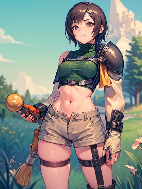 Calidad de imagen superior,detalles,realista,8K ,mesa,cabello corto, banda para la cabeza, sin mangas, cuello de tortuga, Brown eyes, cuello alto sin mangas, guantes, ,croptop, by the chestnut ,diafragma, mosca abierta, Fingerless guantes, ribbed sweater, bermudas,calcetines sueltos,pechos medianos, Yuffie_Kisaragi_01,esbelto,bermudas,fantasy art