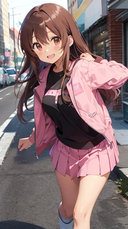 Nishizumi maho,Pink jacket,Pink Skirt,Semi-long hair,Brown Hair,Brown Eyes,Happy expression,whole body,Upright posture,