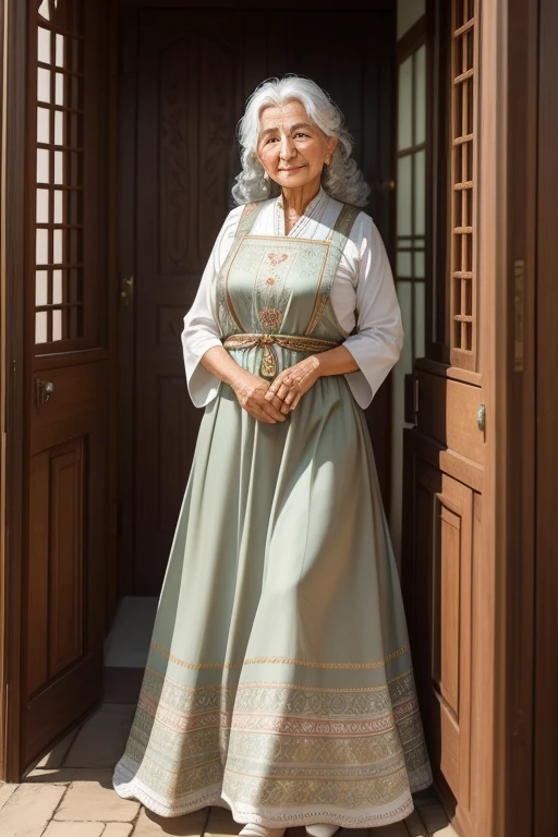 A distinguished Georgian elderly granny exudes a warm and inviting aura. She has a welcoming smile etched onto her wrinkled, sun-kissed face. Her silver hair, gently styled into soft curls, cascades down her shoulders, framing her oval-shaped face. Her eyes, a striking shade of hazel, twinkle with wisdom and kindness.
She is adorned in traditional Georgian clothing, a long, flowing dress in earthy hues, accentuating her slender figure. A intricate, hand-embroidered apron adorns her waist, adding a touch of traditional charm. On her feet, she wears comfortable, traditional Georg