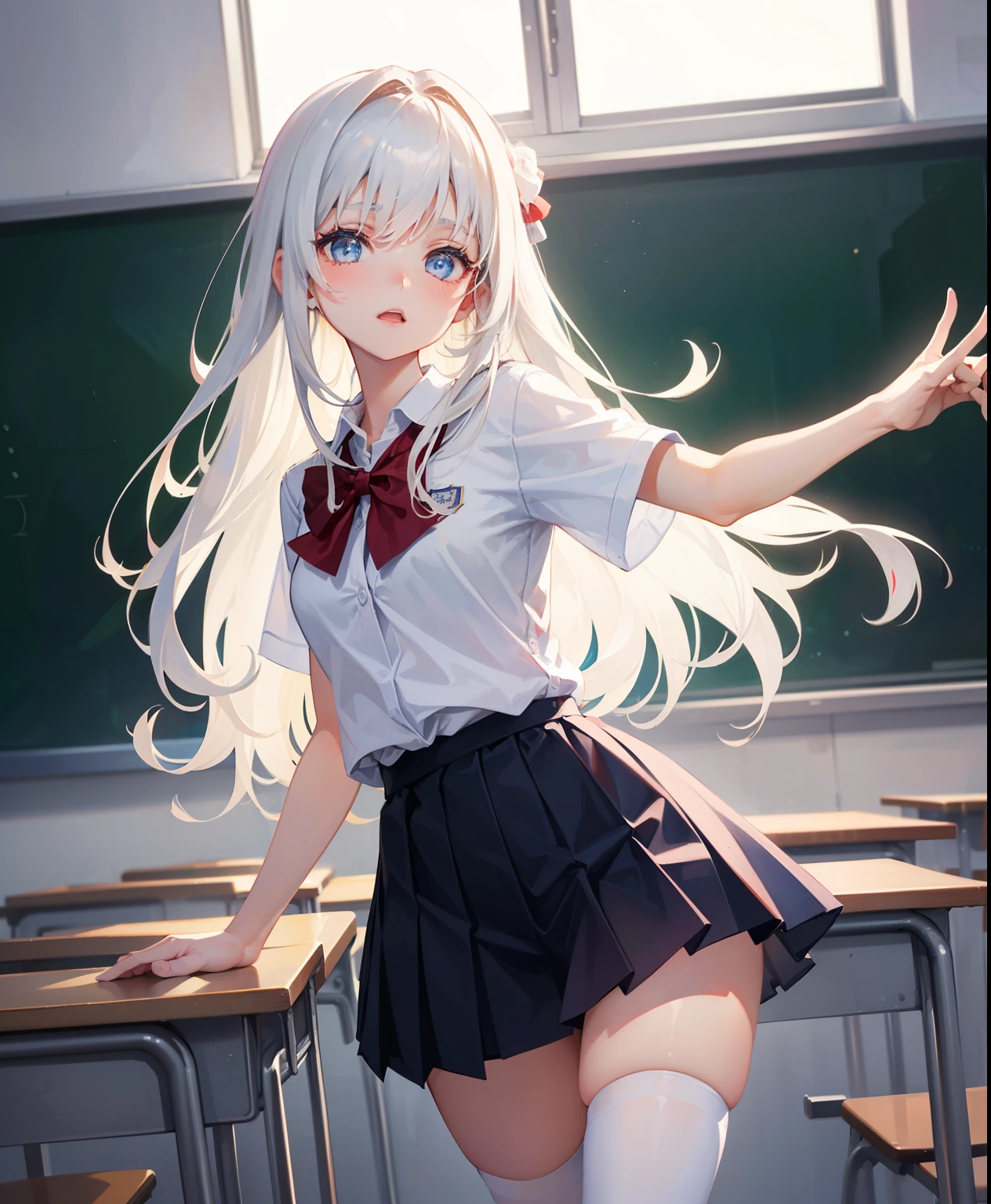 1 girl, 16 years old, Dynamic posing, dynamic angle, Arrange pose,Top quality work,Show Legs,(long white hair),(blue eyes), Rose cheeks, Pretty Face, A perfectly proportioned face, school white shirt with red bow and black skirt, (school uniform), (school white shirt), white stockings,school, in classroom, round small breasts