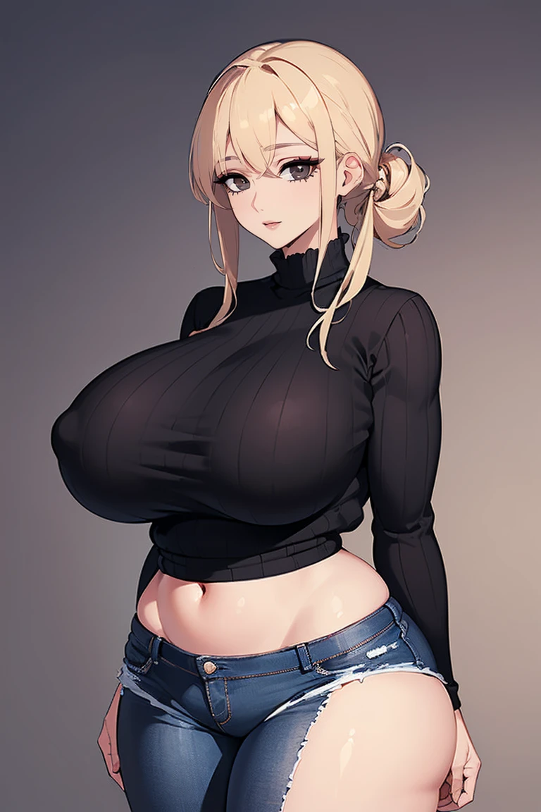 (Uhd, Masterpiece, Textured Skin, Super Detail, High Details, High Quality, Best Quality), Detailed Face, 1woman, mature pretty woman, ((Wide hips, thick thighs, massive huge breasts)), Blonde hair tied up, (Black sweater shirt), (jeans), (Huge Body), (Hair tied:1.3)