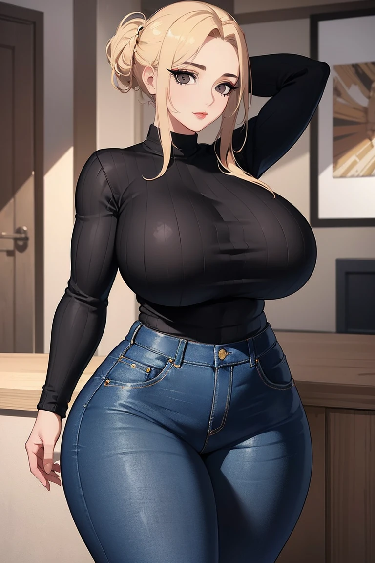 (Uhd, Masterpiece, Textured Skin, Super Detail, High Details, High Quality, Best Quality), Detailed Face, 1woman, mature pretty woman, ((Wide hips, thick thighs, massive huge breasts)), Blonde hair tied up, (Black sweater shirt), (jeans), (Huge Body), (Hair tied:1.3)