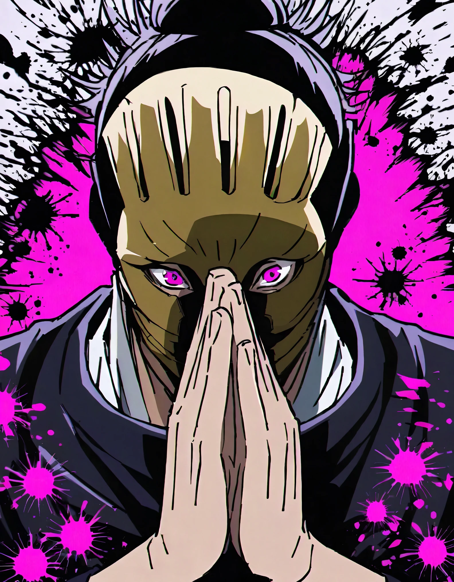 In the image, there is a character from the anime Jujutsu Kaisen with their hands in a praying position in front of their face. The character is wearing a mask and has pink eyes. The background is a purple and black splatter.