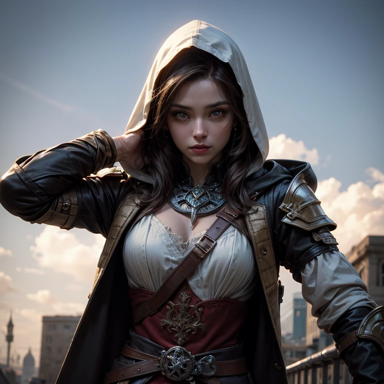 A full-body shot of Princess Zelda, brown hair, blue eyes, dressed as an Assassin from Assassins Creed, in white+gold witha white mask and hood with gold details, XL bust, using a wrist blade. Background: A city during the renaissance period. Unreal Engine 5, Anime, Anime style, Masterpiece, Well drawn eyes, well drawn face, well detailed eyes, well detailed face, 8k, light and shadow effect.