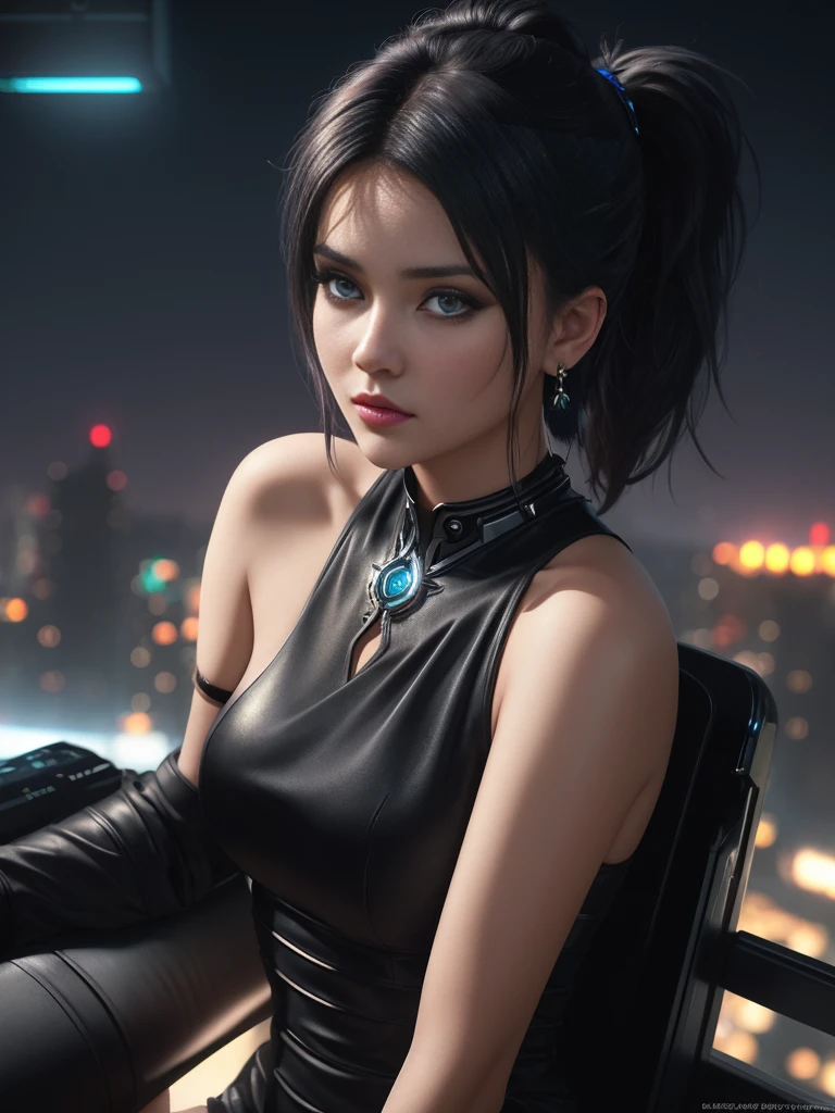  girl, short hair, blue eyes, punk, ponytail, symmetrical appearance, sits on top of a building and looks into the distance. Full-body portrait, angelic appearance, reverse view, elegant evening dress, beautiful earrings, cyberpunk city, neon magic, starry night., hot, gorgeous, full body , perfect light perfect composition Beauty Award winning masterpiece Artstation 8 k Artgerm Mucha Dim Volumetric lighting Octane 18 k Beautiful detail rendering. post processing, portrait, exaggerated detail, complex, grand composition, cinematic lighting, masterpiece, trending art station, high detail, masterpiece, beautiful, 18k , HDR, smooth, sharp focus, high resolution.