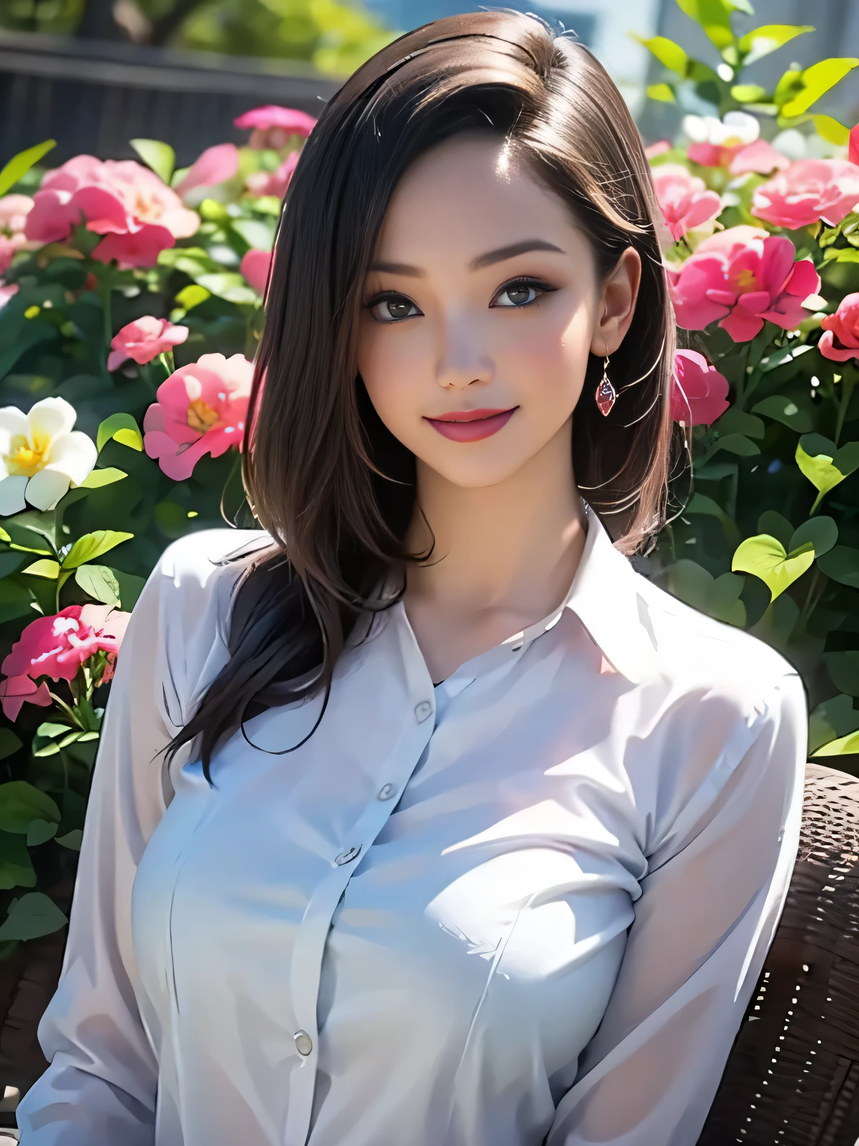 (photorealistic:1.5), (solo, one girl:1.5),(shine a bright light on women),(ultimate beautiful girl:1.5),(shiny skin),(oily skin),(black Hair:1.3),(long hair:1.3),(use pink glossy lips),(healthy body),(sweet smelling girl),(virgin girl),chuuChloe,(clean girl),(cute:1.3),(relaxing time:1.5),(smile:1.5),(ultra sexy1.5),(very happy),flowers,(very large eyes:1.5),(high nose),(sheer shirt),(thin clothes),(slender body)