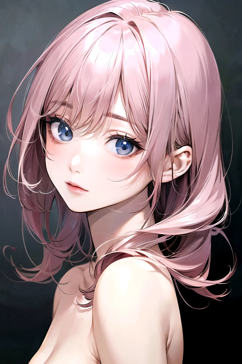 ((best quality)), ((masterpiece)), (detailed), perfect face. Asian girl. Pink hair. Blue eyes. Topless. Small breast. 