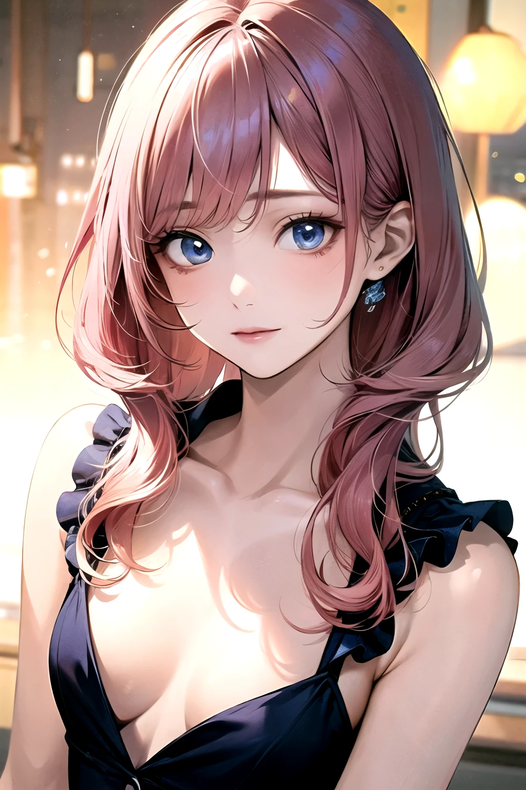 ((best quality)), ((masterpiece)), (detailed), perfect face. Asian girl. Pink hair. Blue eyes. Topless. Small breast.