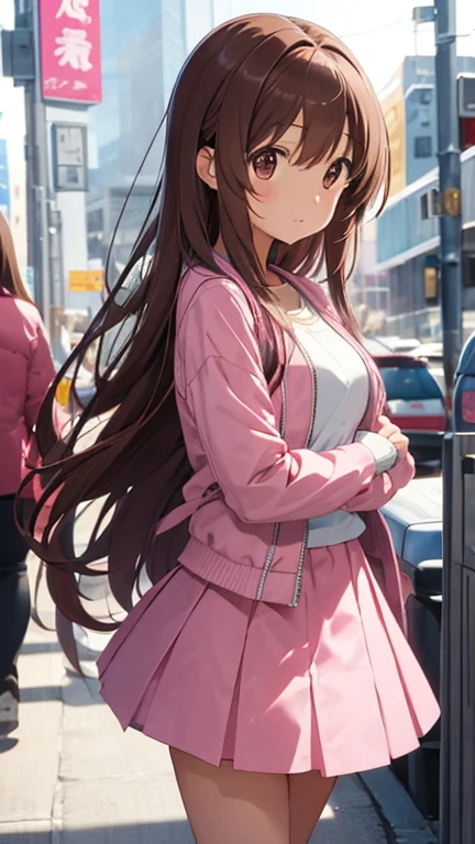 Nishizumi maho,Pink jacket,Pink Skirt,Semi-long hair,Brown Hair,Brown Eyes,Slanted Eyes,Happy expression,whole body,Upright posture,