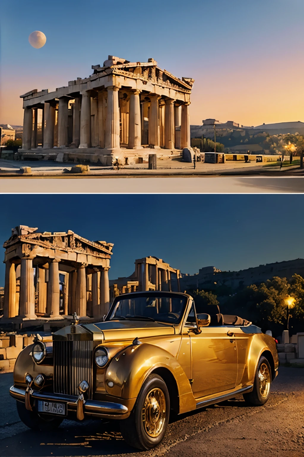 Blue and gold convertible Rolls Royce Infront of the Parthenon at rose, gold and orange sunset. Fantasy mystical vintage botanical watercolor style 