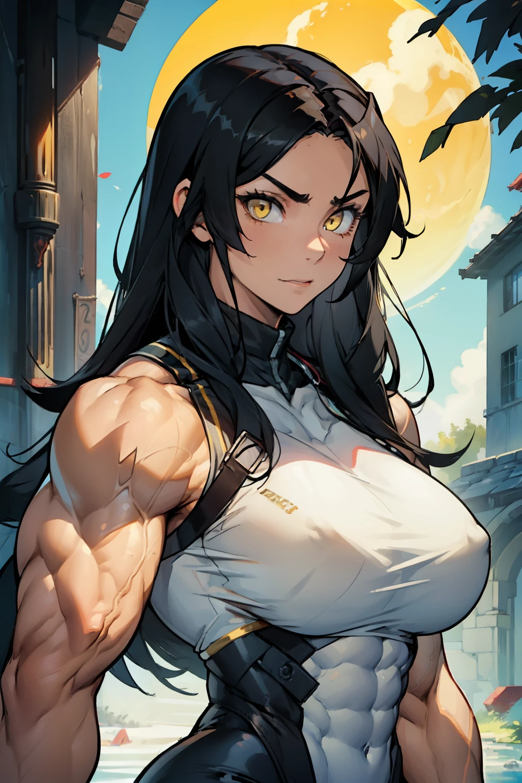 ((((((muscular 1 girl)))))), huge breasts, toned body, black hair, pale skin, yellow eyes, very long hair,