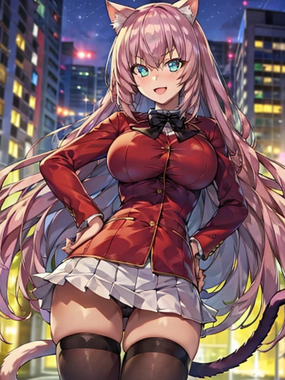 (Front Focus),(In the Dark:1.6), (Masterpiece, of the highest quality, best, Official art, Beautiful and aesthetic:1.2), game cg, Highly detailed and realistic CG, Colorful, Masterpiece, Best Quality, jewel-like eyes, 1girl, young, 16 years old, glamour, solo, neon green hair, very long hair, straight hair,, black mini skirt, layered skirts, glowing eyes, star-shaped pupils, smug, smirk, open mouth, black tights, skinny legs, jig eyes, round breasts, medium breasts, (white covered breast:1.2), breast focus, ruby green eyes, contrapposto, hands on hip, bokeh, slender, (white skin:1.0), (light skin:1.5), cat ears, cat tails, fur, from POV, black ribbon,