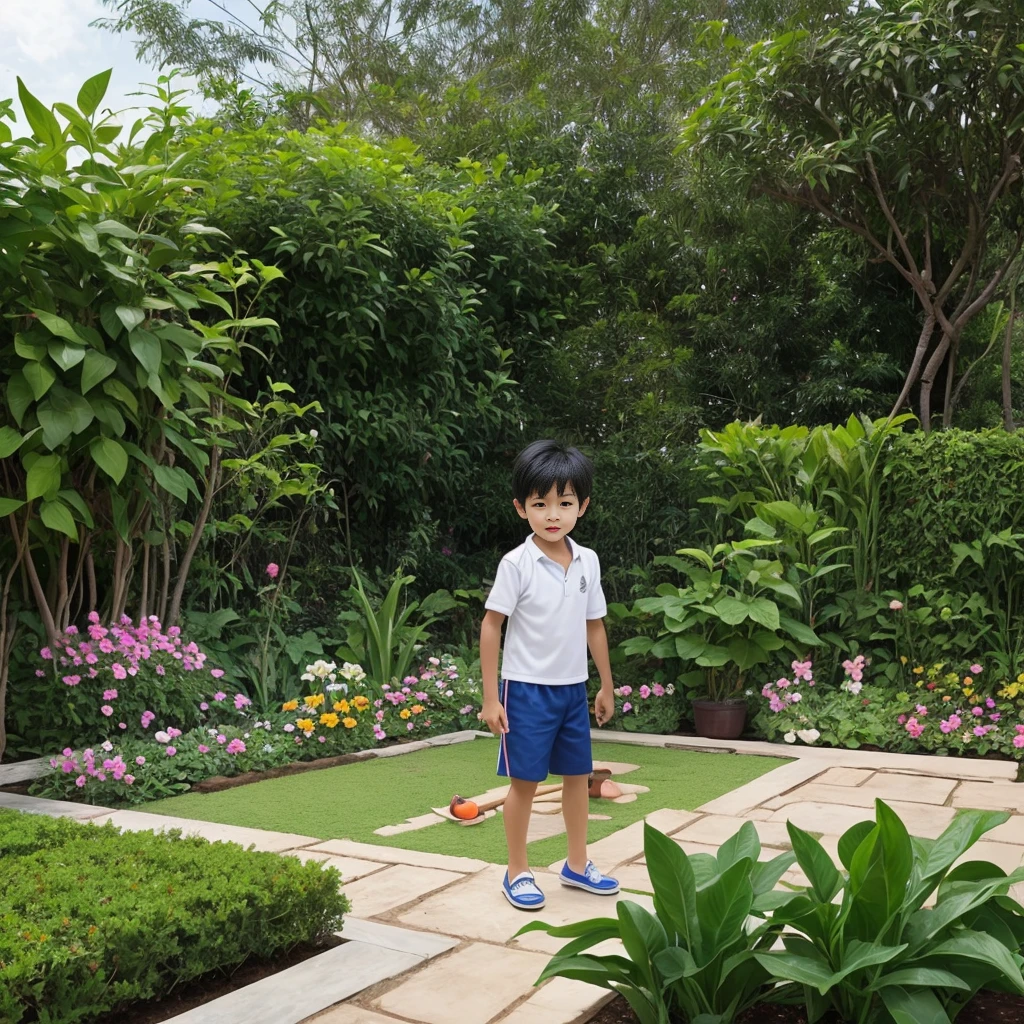 Cartoon 7 year old Thai boy playing in the garden