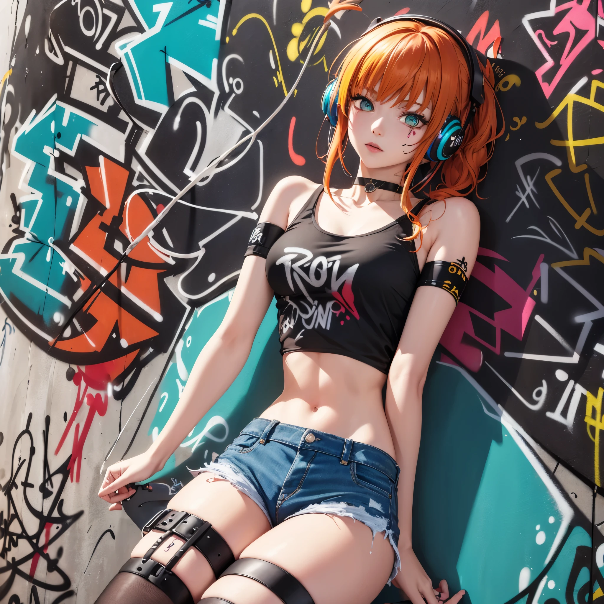 masterpiece, best quality, (extremely detailed CG unity 8k wallpaper, masterpiece, best quality, ultra-detailed, masterpiece, best quality, 1girl, solo, crop top, denim shorts, choker, (graffiti:1.5), paint splatter, arms behind back, against wall, looking at viewer, armband, thigh strap, paint on body, head tilt, bored, multicolored hair, aqua eyes, headset, Makima,
