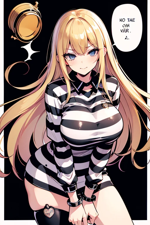 Long blonde hair, handcuffed, arrested, mature female, milf, big breasts ,40 years old, pon prison uniform, prisoner, black and white stripe prison uniform, waifu material, mature, oneesan, elder sister, smirk