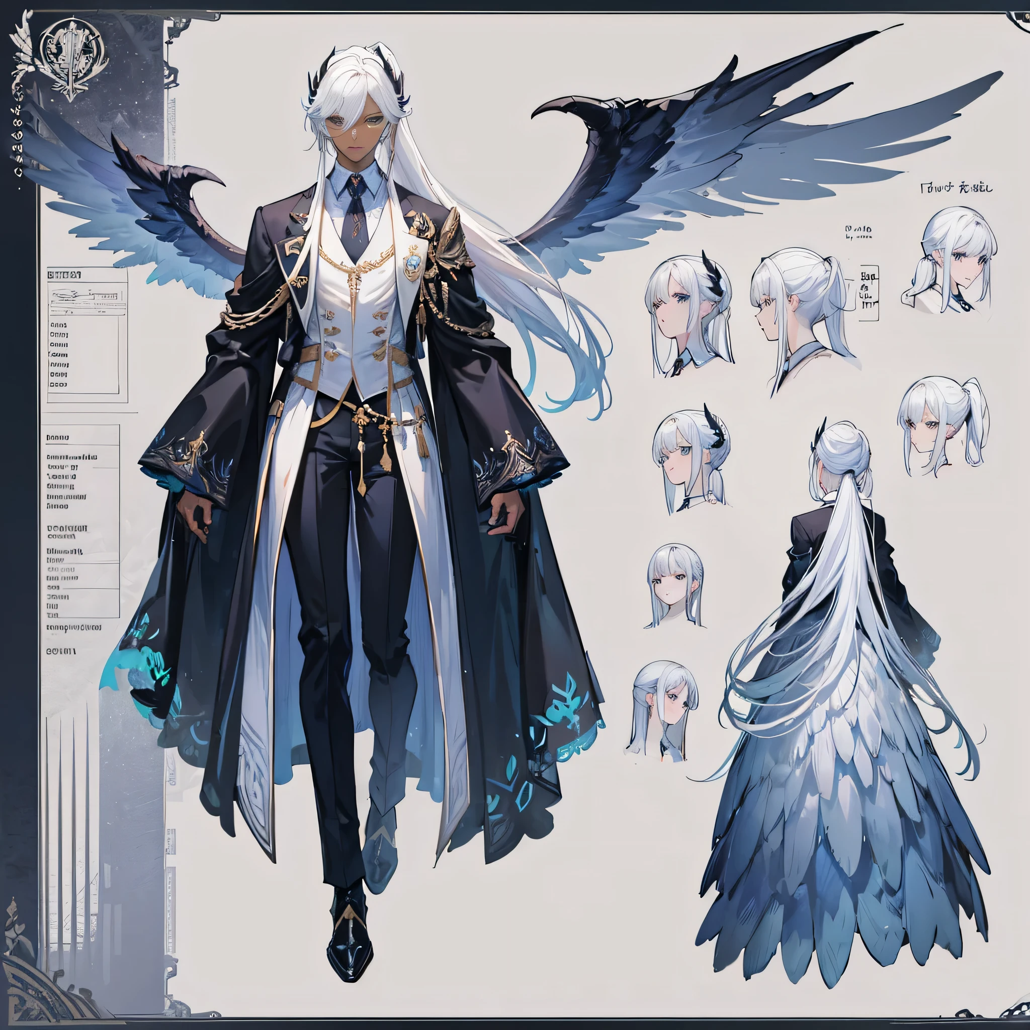 ((Masterpiece, Highest quality)), Male, boy, Detailed face, character design sheet,full bodyesbian, Full of details, frontal body view, back body view, Highly detailed, character sheet, reference sheet, character design, Many parts, dark skin, angel wings, white hair, angel outfit, Muscle boy with white long ponytail hair,handsome man, male angel , man tall, abs, pectoral muscle