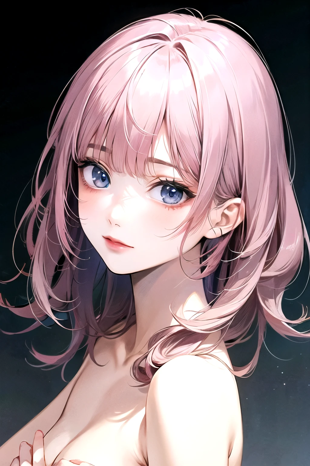 ((best quality)), ((masterpiece)), (detailed), perfect face. Asian girl. Pink hair. Blue eyes. Topless. Small breast. Crowded.