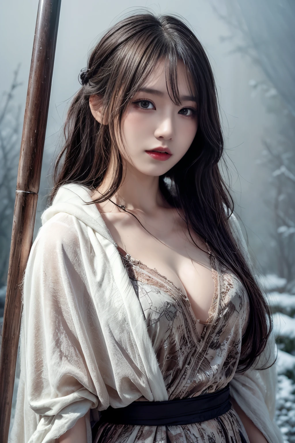 1 woman, masterpiece, a beautiful Viking woman, (the woman is dressed in a long brown dress, a short-sleeved shirt and a white cloak of animal fur), (perfect body), (muscular body) (blond hair) , (braided hair), holding axe, outside in the field, the woman is dirty, splattered with blood, (texture Pale skin color), Best quality, Ultra high resolution, RAW photo, Nikon D850, Backlight, Backlight edge, Bright sunlight, Film grain: 1.2, (Cold Tone, Cold Tone: 1.2), cold and rainy environment, (Color photo), Fantasy battlefield background, (woman has geometric skin tattoos black)