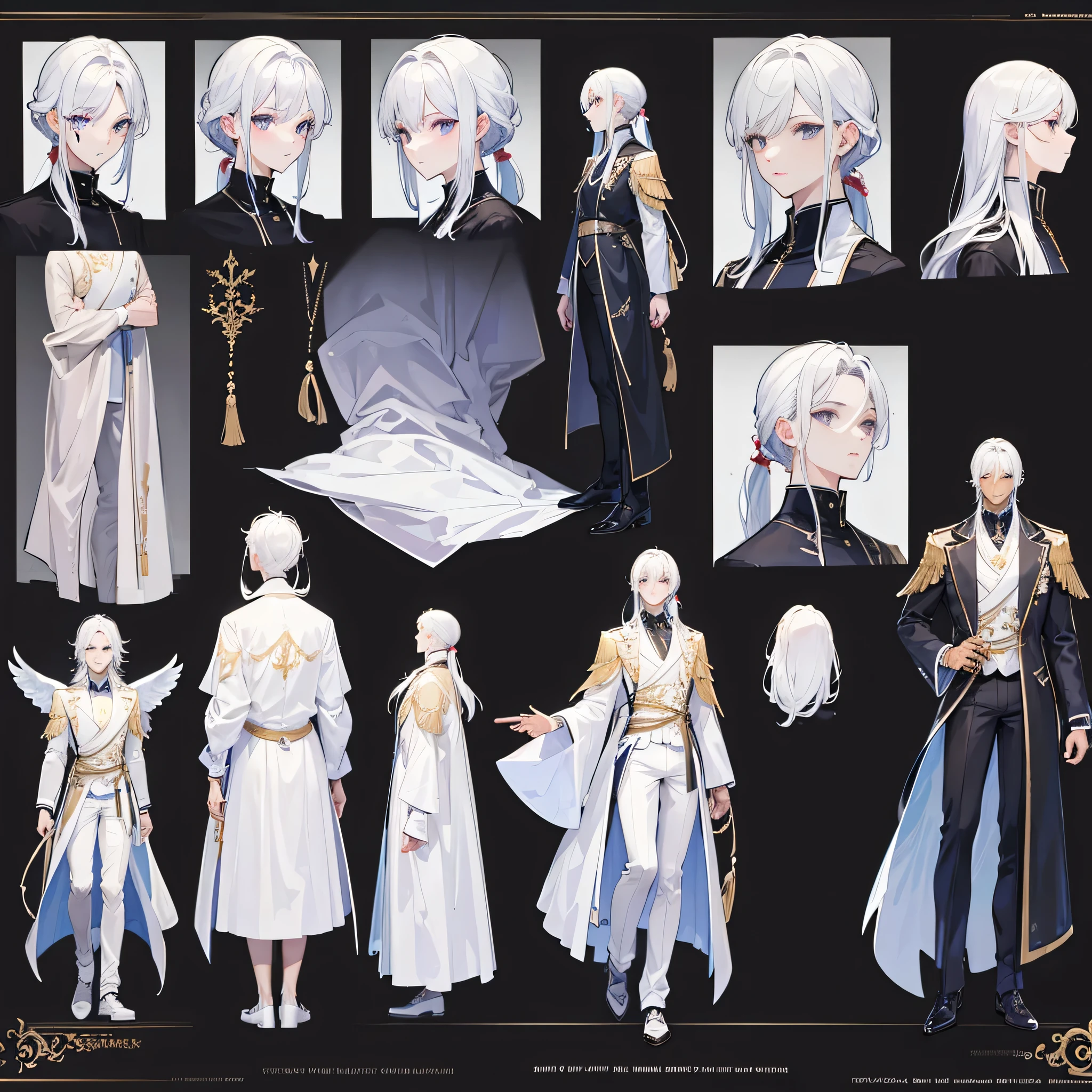 ((Masterpiece, Highest quality)), Male, boy, Detailed face, character design sheet，full bodyesbian, Full of details, frontal body view, back body view, Highly detailed, character sheet, reference sheet, character design, Many parts, dark skin, angel wings, white hair, angel outfit, Muscle boy with white long ponytail hair，handsome man, male angel , man tall, 
