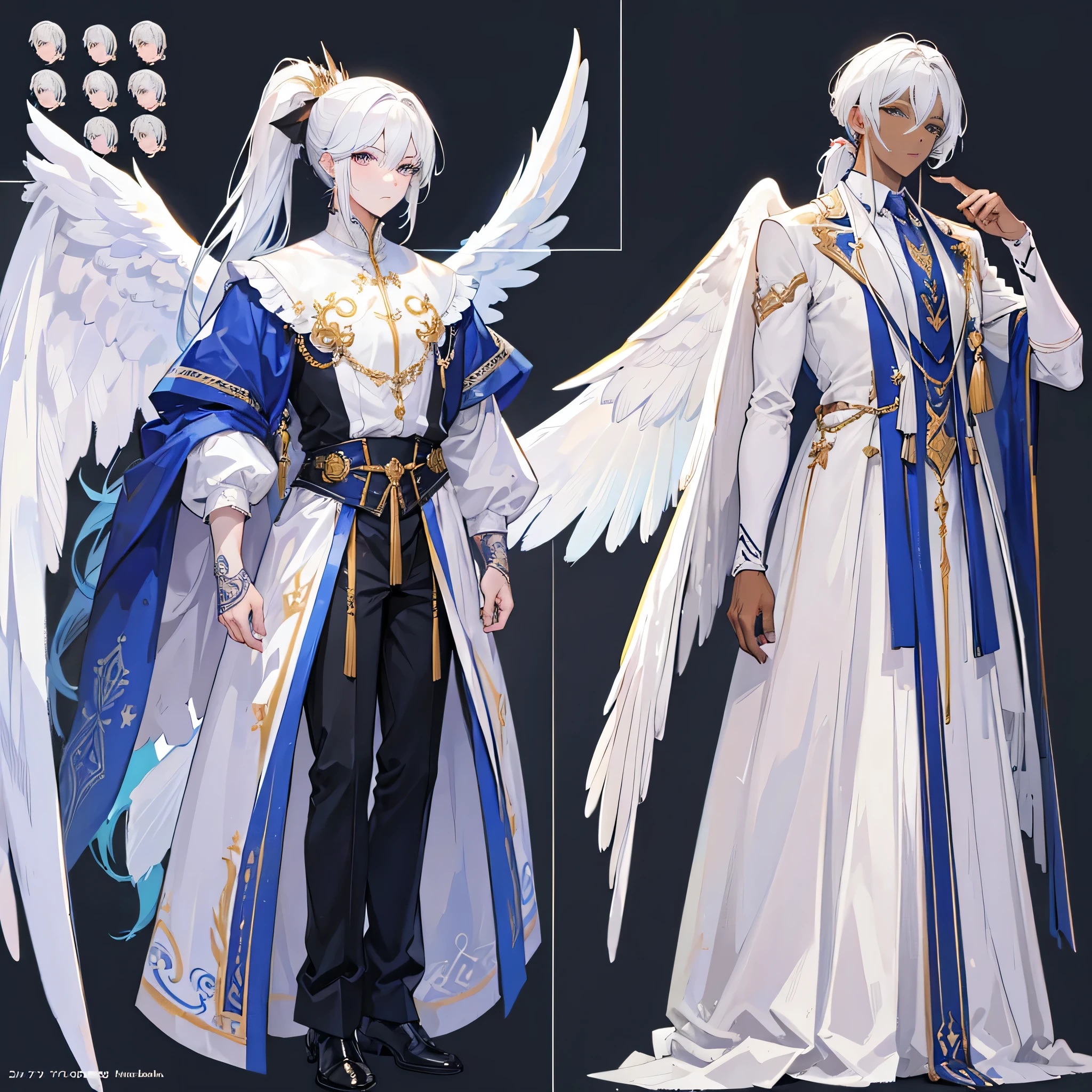 ((Masterpiece, Highest quality)), Male, boy, Detailed face, character design sheet,full bodyesbian, Full of details, frontal body view, back body view, Highly detailed, character sheet, reference sheet, character design, Many parts, dark skin, angel wings, white hair, angel outfit, Muscle boy with white long ponytail hair,handsome man, male angel , man tall,