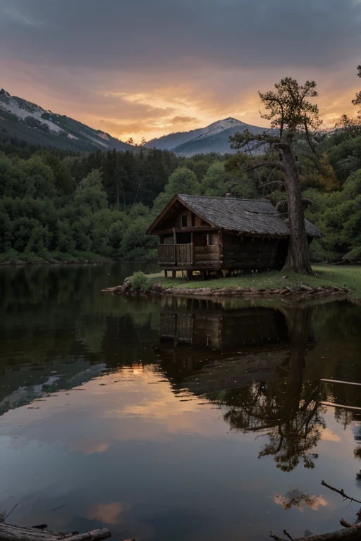 Fallen oak trunk next to a lake with an old wooden cabin in a forest at dusk 