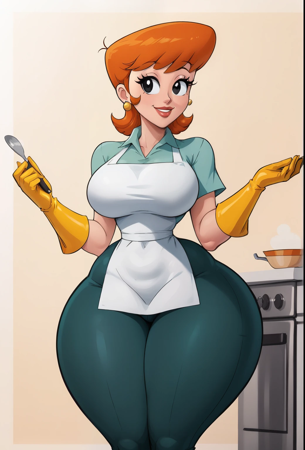 dextersmom, 1girl, mature female, wide hips, orange hair, black eyes, makeup, earrings,gloves, shirt, apron, pants, slight smile, big breasts, big ass, thick thighs, wide hips, tight thong covered by pants,