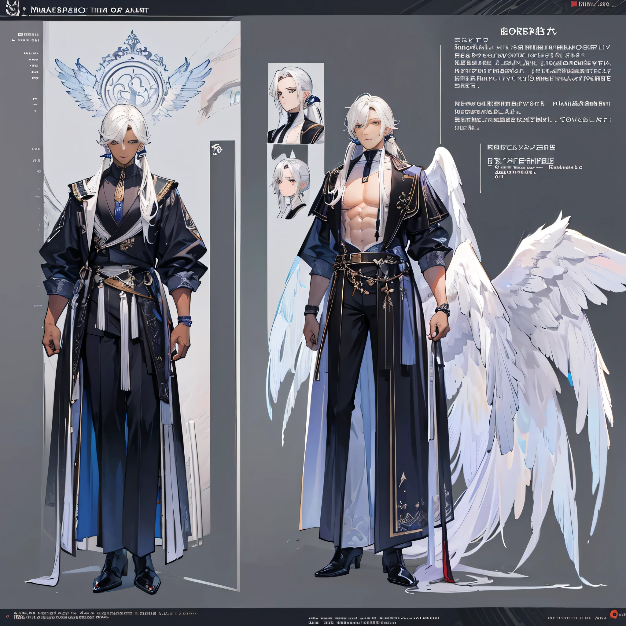 ((Masterpiece, Highest quality)), Male, boy, Detailed face, character design sheet,full bodyesbian, Full of details, frontal body view, back body view, Highly detailed, character sheet, reference sheet, character design, Many parts, dark skin, angel wings, white hair, angel outfit, Muscle boy with white long ponytail hair,handsome man, male angel , man tall, abs, pectoral muscle