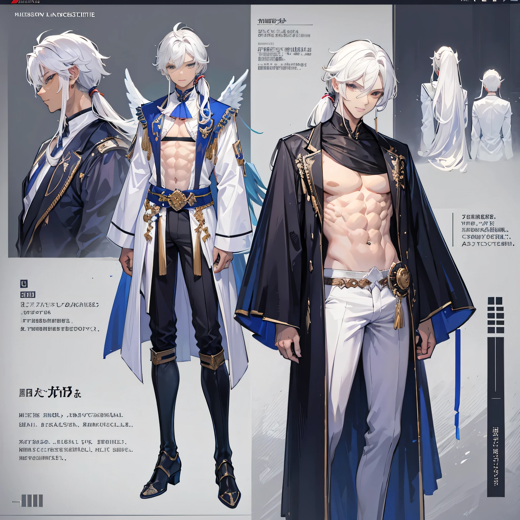 ((Masterpiece, Highest quality)), Male, boy, Detailed face, character design sheet，full bodyesbian, Full of details, frontal body view, back body view, Highly detailed, character sheet, reference sheet, character design, Many parts, dark skin, angel wings, white hair, angel outfit, Muscle boy with white long ponytail hair，handsome man, male angel , man tall, abs, pectoral muscle