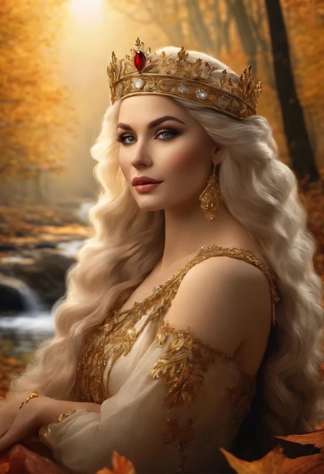 Masterpiece, A beautiful queen, crowned with gold and diamonds sits in the forest in autumn, accompanied by a large white wolf, on the edge of a clear and very beautiful river, high definition at 4k resolution, sharp focus, with very detailed facial features and realistic visual style, high detail face, high detail skin, high resolution, photo-realistic, cinematic lighting, depth of field, bokeh