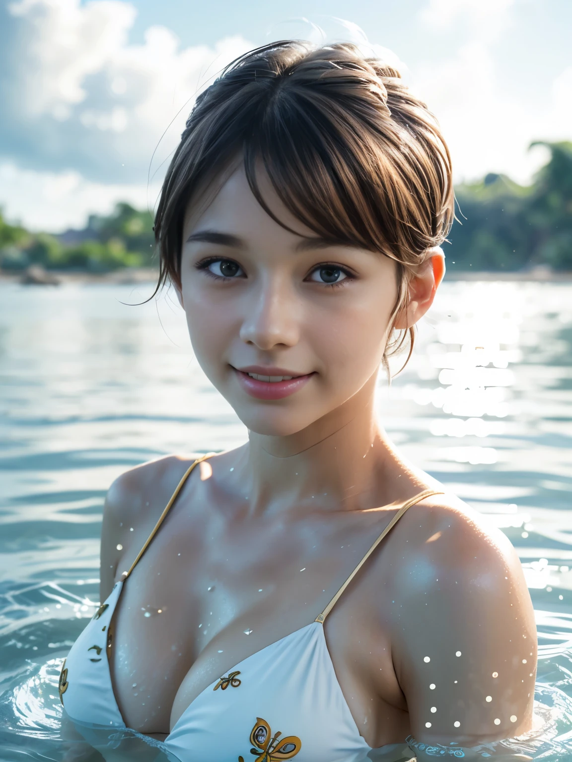 best quality, masterpiece, (realistic:1.2), 1 girl, (silhouette lighting:1.4), (smile:1.3), (face close-up, upper body, head shot:1.4), (tomboy, light brown pixie cut hair with bangs:1.2), (slant eyes, blue eyes:1.5), detailed face, beautiful eyes, (tanned skin, gold embroidered white bikini:1.3), (small breast, under boobs:1.5), (swimming in the tropical sea, midsummer, clouds:1.4), splashing water