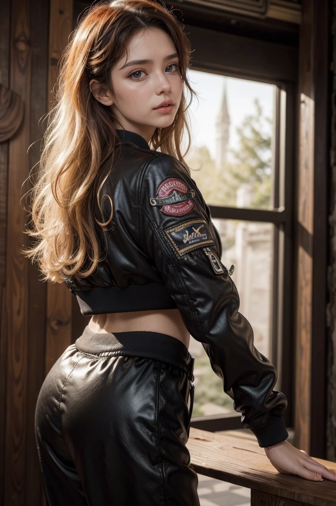 1 mujer, 25 years, ((polainas, Vintage Bomber Jacket 黒 80's)), Solo, arte oficial, Fondo de pantalla de unidad 8k, ultra detallado, hermoso y estetico, mesa, mejor calidad, Piel brillante, The most beautiful form of chaos, Elegant, brutalist design, colores brillantes, romanticism lay, ((IA en los cuentos de hadas)), gran culo, Red nails, pelo rubio, pelo naranja, ojos negroasterpiece, de primera calidad, alta calidad, high resolution,