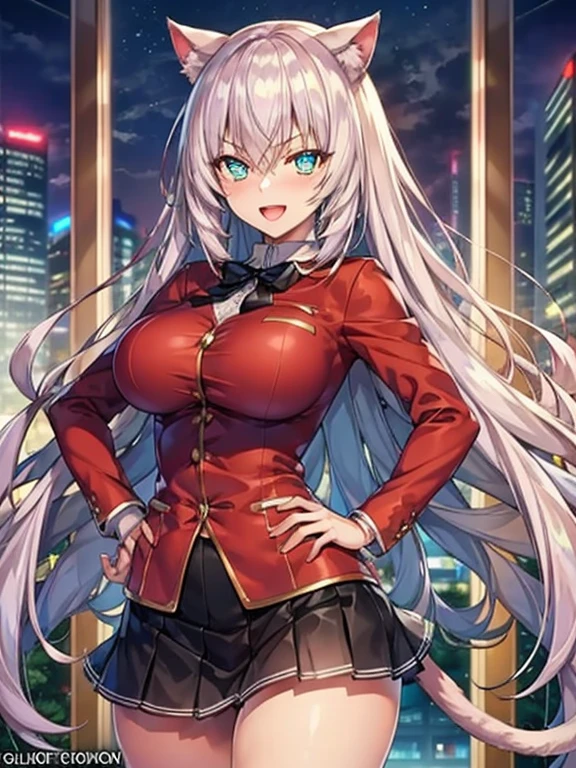 (Front Focus),(In the Dark:1.6), (Masterpiece, of the highest quality, best, Official art, Beautiful and aesthetic:1.2), game cg, Highly detailed and realistic CG, Colorful, Masterpiece, Best Quality, jewel-like eyes, 1girl, young, 16 years old, glamour, solo, green hair, very long hair, straight hair,, black mini skirt, layered skirts, glowing eyes, star-shaped pupils, smug, smirk, open mouth, black tights, skinny legs, jig eyes, round breasts, medium breasts, (white covered breast:1.2), breast focus, ruby green eyes, contrapposto, hands on hip, bokeh, slender, (white skin:1.0), (light skin:1.5), cat ears, cat tails, fur, from POV, black ribbon,