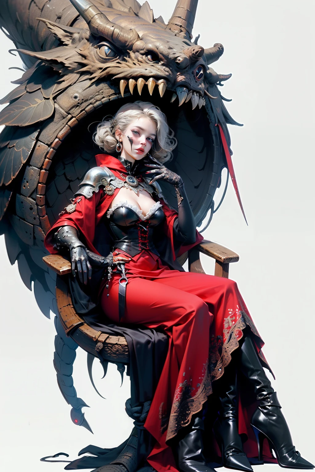((best quality)), ((masterpiece)), (detailed), perfect face, hand drawn style, hand painted style, watercolour, sketch, a knight, white background, plain background, Bloodborne inspired, tatty Bloodborne attire, occult aesthetic, occult, tatty red and white clothing detailed and intricate steampunk and detailed gothic lolita (with a hood), diadems, long coat, Complex laced boots, Fluttering lace flared long knee length dress with frilly petticoats, long dress, knee length dress, pleated petticoats, lolita dress, petticoats gothic lolita, beautiful small breasts, (((( Highly detailed face))), small thin nose, Small thin lips mouth, (((Very sharp focused eyes))), Very large slit precision pale grey eyes that shine like jewels. very long eyelashes, Silver hair swaying in the wind, Emitting a dazzling light in a mandala pattern, white background, Very dramatic and cinematic lighting, tatty damaged old red and white clothing, full body, whole body, body, cosmic horror, grim dark