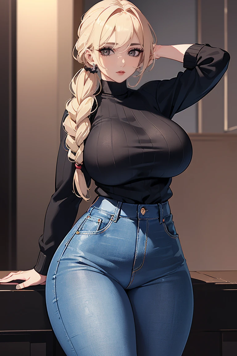 (Uhd, Masterpiece, Textured Skin, Super Detail, High Details, High Quality, Best Quality), Detailed Face, 1woman, mature pretty woman, ((Wide hips, thick thighs, massive huge breasts)), Blonde hair tied up, (Black sweater shirt), (jeans), (Huge Body), (Hair tied:1.3)