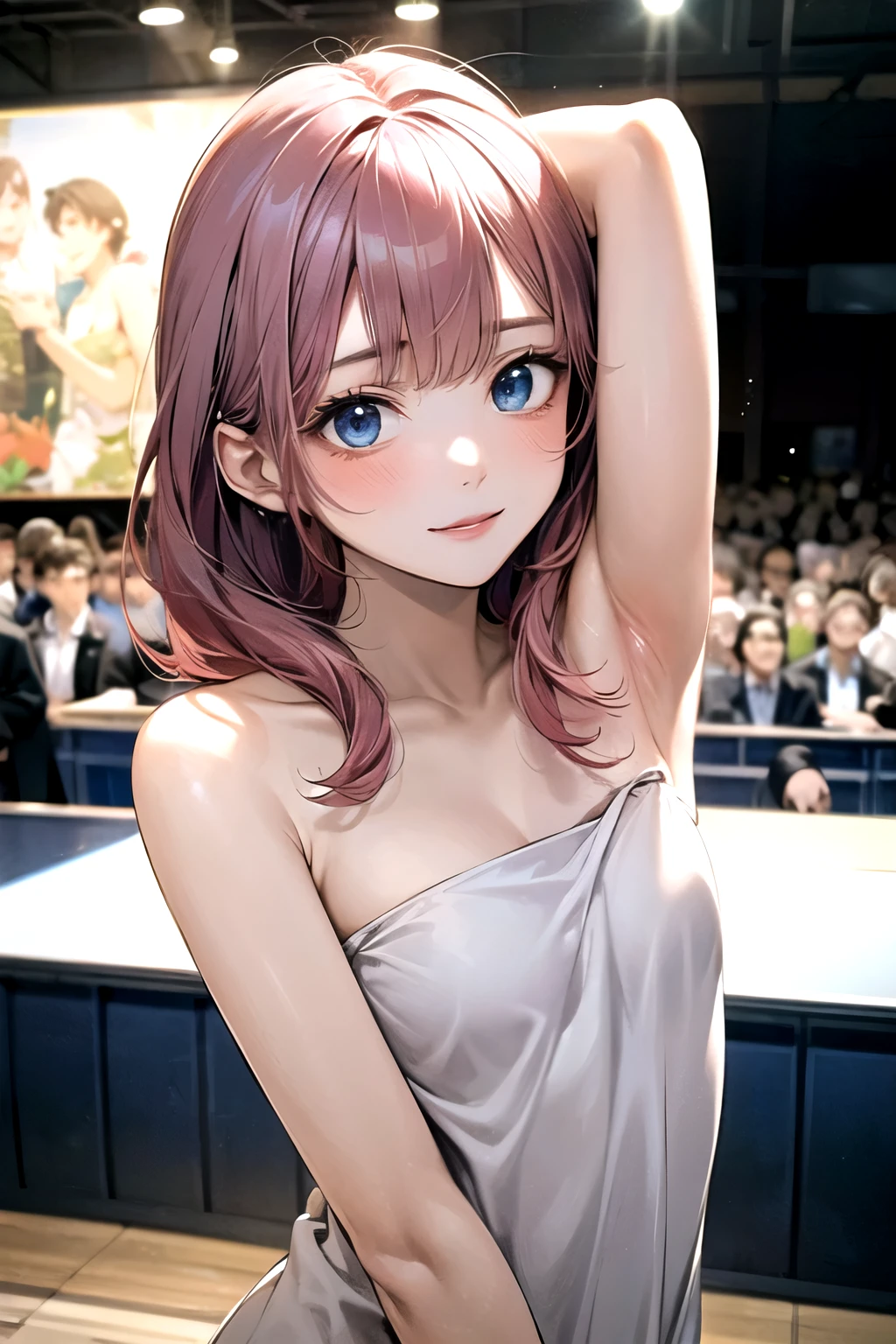 ((best quality)), ((masterpiece)), (detailed), perfect face. Asian girl. Pink hair. Blue eyes. Topless. Small breast. Bottomless. In the crowd. Armpit.