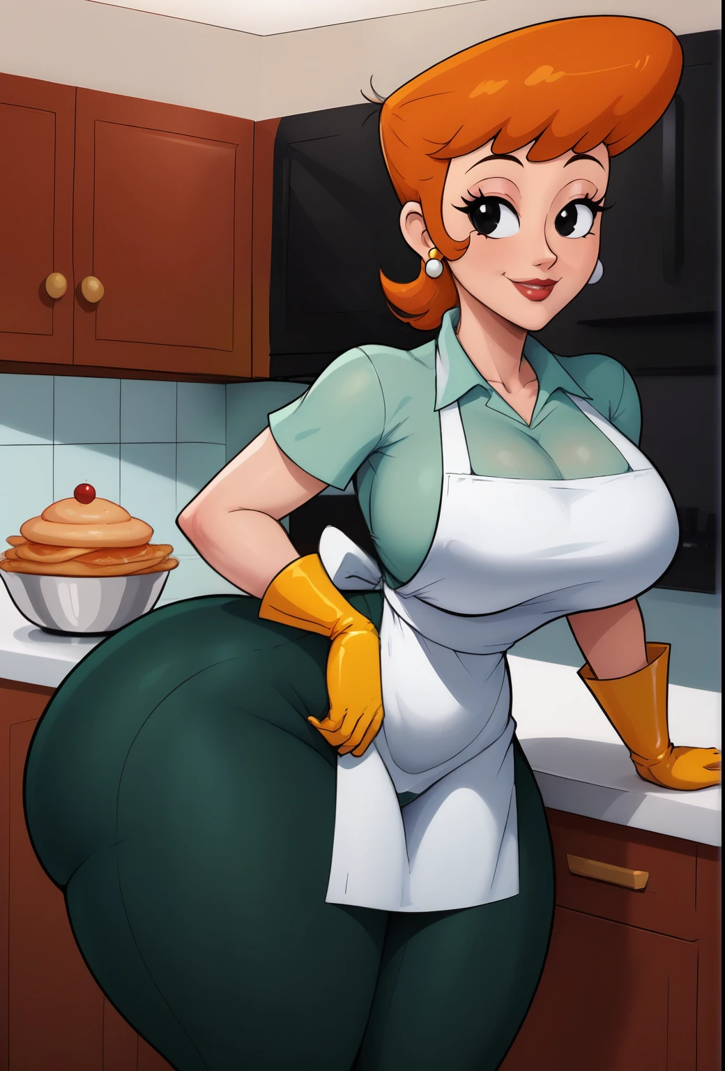 dextersmom, 1girl, mature female, wide hips, orange hair, black eyes, makeup, earrings,gloves, shirt, apron, pants, slight smile, big breasts, big ass, thick thighs, wide hips, showing ass, bend over, doing the dishes, see through pants, tight thong covered by pants,