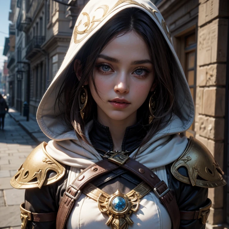 A full-body shot of Princess Zelda, brown hair, blue eyes, dressed as an Assassin from Assassins Creed, in white+gold witha white mask and hood with gold details, XL bust, using a wrist blade. Background: A city during the renaissance period. Unreal Engine 5, Anime, Anime style, Masterpiece, Well drawn eyes, well drawn face, well detailed eyes, well detailed face, 8k, light and shadow effect.